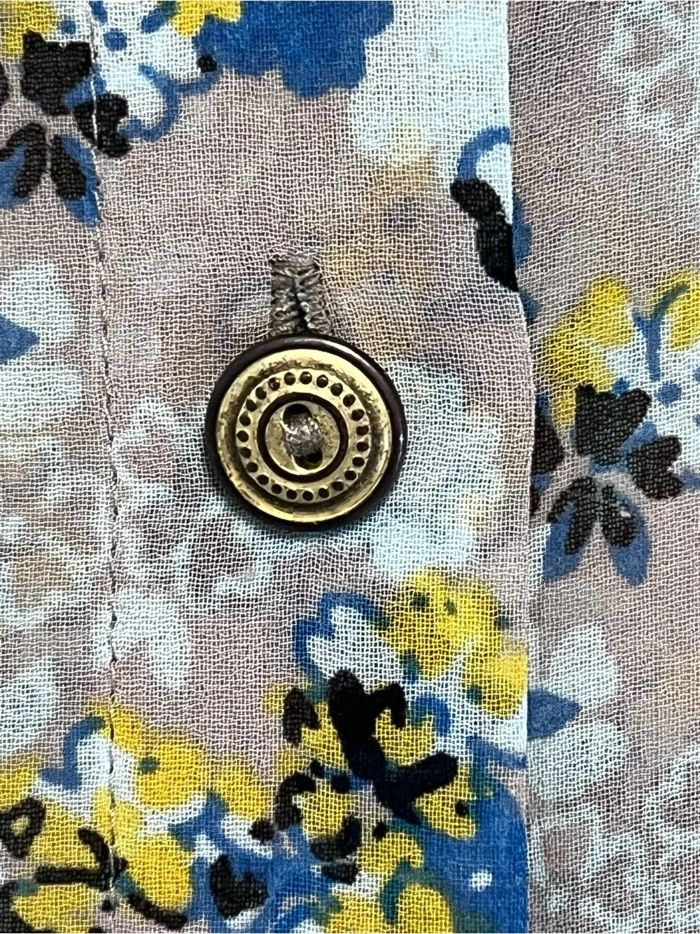 CAbi Yellow Gray Floral Button-Up Peter Pan Collar Sheer Sleeveless Blouse